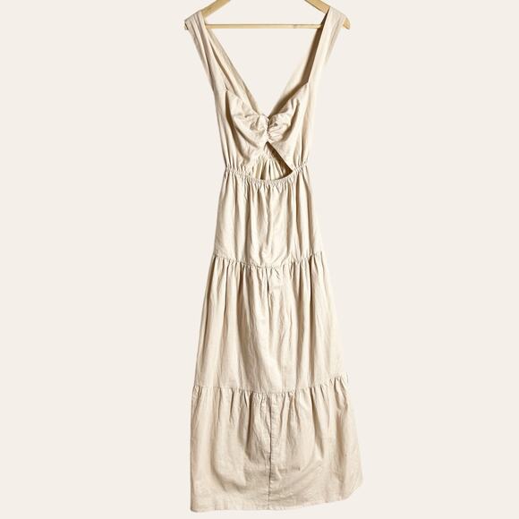 Charlie Holiday Lilian Oat Beige Tiered Cut Out Linen Midi Dress Size XL - Picture 5 of 15
